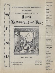 1942 - York Restaurant and Bar Menu, NYC - Ephemera 1258