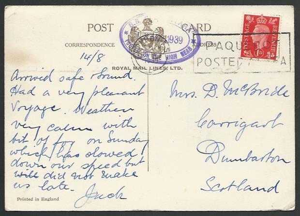 GB 1939 postcard SS Alcantara - London Paquebot machine cancel.............53208