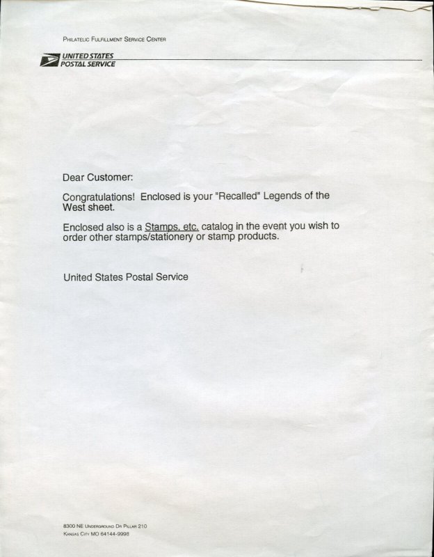 UNITED STATES  SCOTT #2870  LEGENDS OF THE WEST ERROR SHEET MINT NEVER HINGED