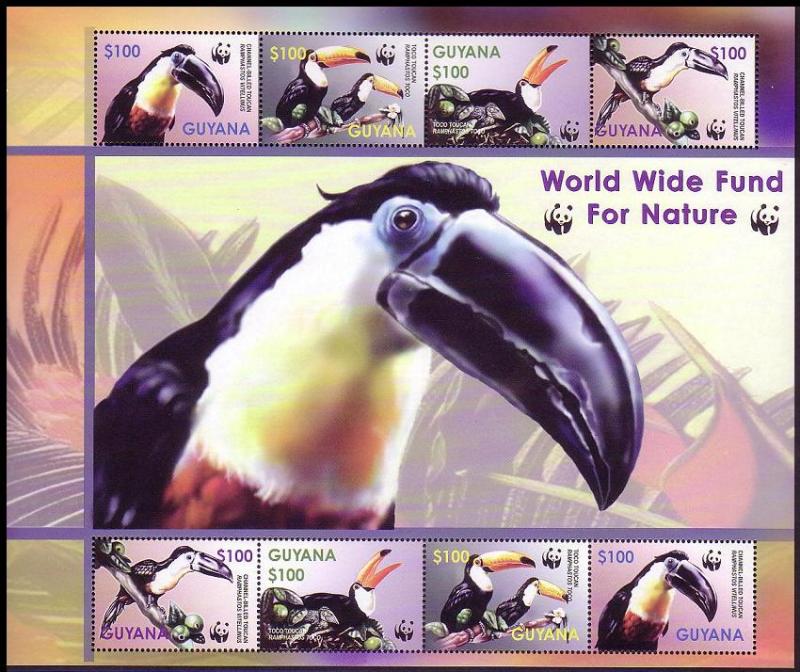 Guyana Birds WWF Toucans Sheetlet of 2 sets / 8 stamps SG#MS6410 SC#3792 a-d