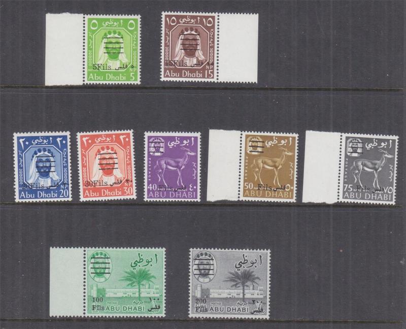 ABU DHABI, 1966 New Currency overprint set of 9 to 200f. on 2r., mnh.