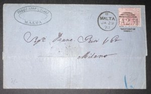 1878 Malta Cover to Milan Italy A25 Cancel SG Z38 Pasque Apap L Figli