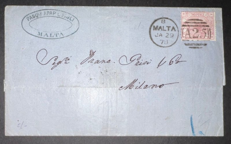 1878 Malta Cover to Milan Italy A25 Cancel SG Z38 Pasque Apap L Figli