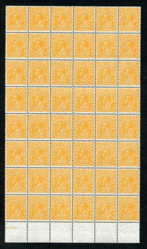 Australia SG124 1/2d Orange Wmk C of A U/M Block of 48 Cat 528 as m/m singles