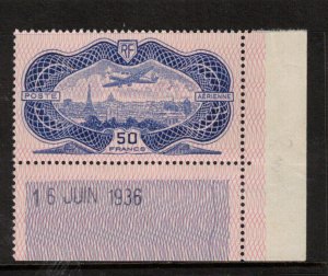 France #C15 Extra Fine Never Hinged Upper Right Margin Single 16 Juin 1936 Date