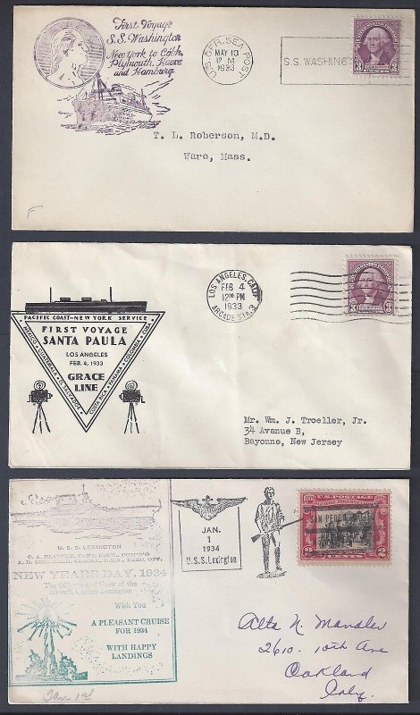 US 1933 THREE SHIP COVER USS LEXINGTON SS WASHINGTON & SANTA PAULA