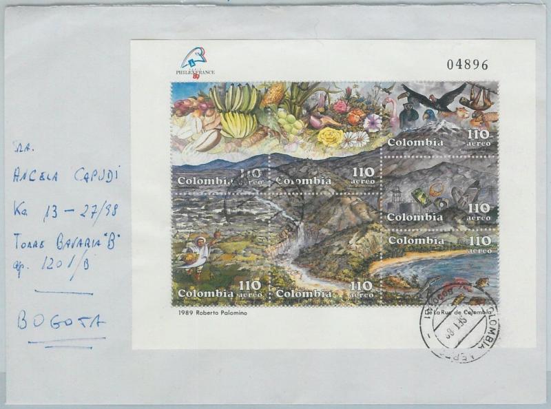 74016 - COLOMBIA - SOUVENIR SHEET on COVER to ITALY  1989 - ANIMALS fruits FISH