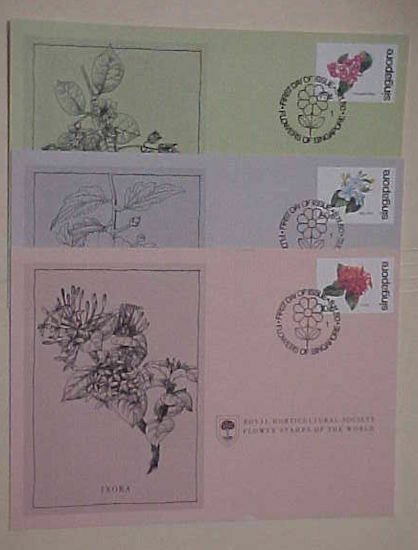 SINGAPORE  3 FDC  CARDS FLOWERS 1980  CACHET UNADDRESSED