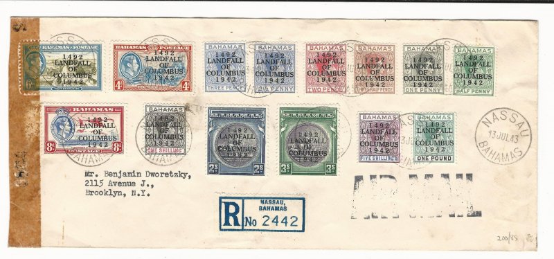 Bahamas July 1943 Censored Registered Airmail Cover - Complete 1942 Columbus Set