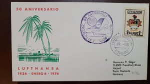 P) 1976 ECUADOR,  50TH ANNIVERSARY LUFTHANSA, COAT OF ARMS, AIRMAIL, CIRCULATED