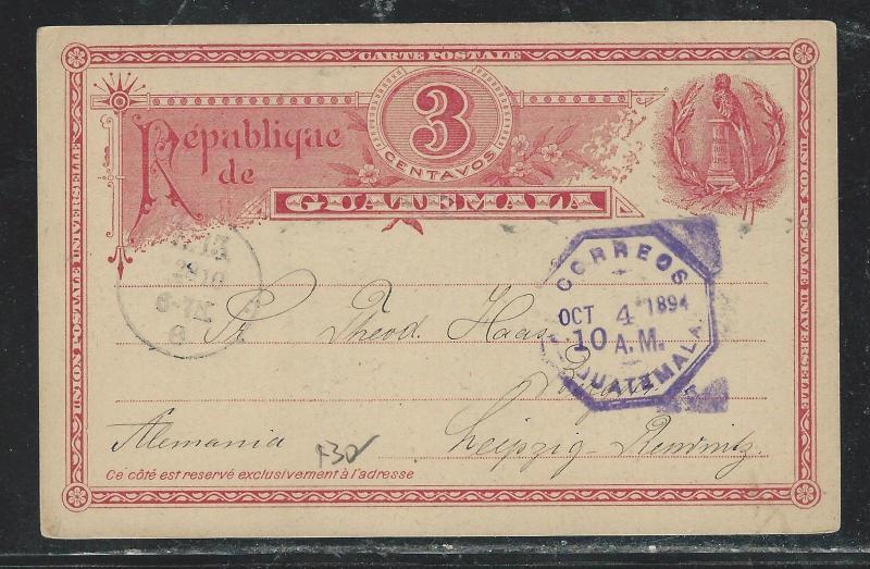 GUATEMALA  (PP2706B) 1893 3C BIRD PSC TO KEMPEN,  POSEN