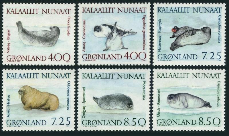 Greenland 233-238,238a sheet,MNH.Michel 211-216,Bl.3. Walrus and Seals,1991.