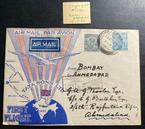 1932 Bombay India First Flight Airmail cover FFC To Ahmedabad TATA Airways