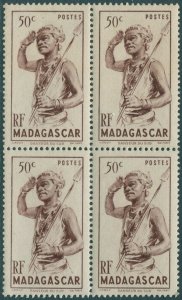 Madagascar 1946 SG299 50c Native with Spear block of 4 MNH