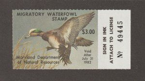 EDSROOM-12041 US 8 No Gum Maryland 1981 Widgeon Duck Hunting Stamp CV$9