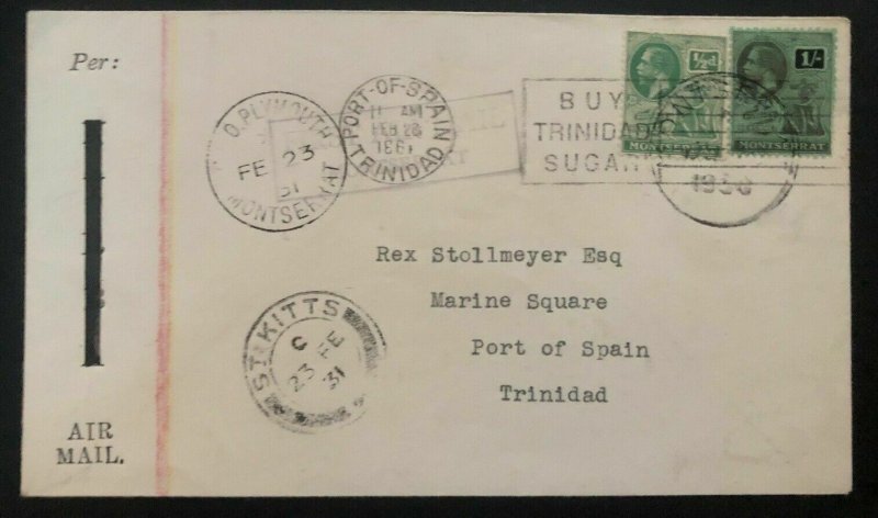 1931 Plymouth Monserrat Royal Naval Air Service Cover To Port Spain Trinidad