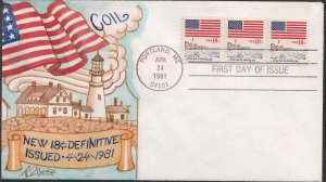 Ralph Dyer Hand Painted FDC for the 1981 18c Lighthouse Definitive Coil