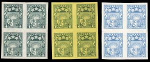 Latvia #115,141,148var, 1923/33 Arms, 4s, 6s and 30s imperf. blocks of four, ...