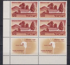 ISRAEL  1959  120PR  MERHAVYA  DEGANYA SETTLEMENT   BLOCK OF 4   MNH  WITH TABS 