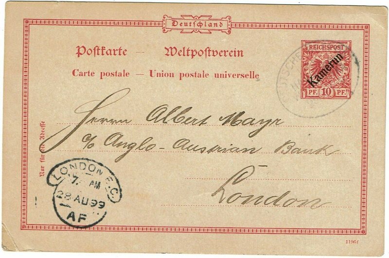 Cameroun 1899 Deutsches Seepost cancel on postal card to England