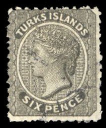 Turks Islands #2 Cat$270, 1867 6p gray black, lightly cancelled