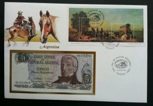 Argentina Horse Ridding Carriage 1985 Cowboy Lifestyle FDC (banknote cover *Rare