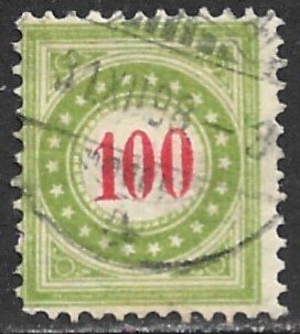 SWITZERLAND 1884-97 100c Yellow Green Postage Due Sc J27a VFU