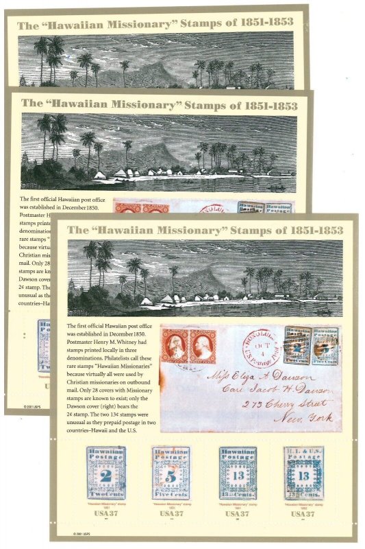 US Scott # 3694 Hawaiian Missionary Sheet; 2002 Souvenir Sheet 3 Sheets / MNH