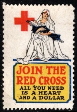 1918 US WW I Propaganda Poster Stamp Join Red Cross All Need Heart A Dollar