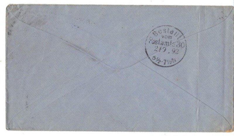 US 1892 TO GERMANY FIVE CENTS BLUE ON BLUE POSTAL COVER CHICAGO TO BERLIN