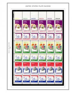 COLOR PRINTED US PLATE BLOCKS 1980-1989 STAMP ALBUM PAGES (104 illustr. pages)