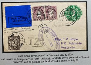 1929 Dublin Ireland First Flight Airmail Cover FFC To Australia Capt Smye