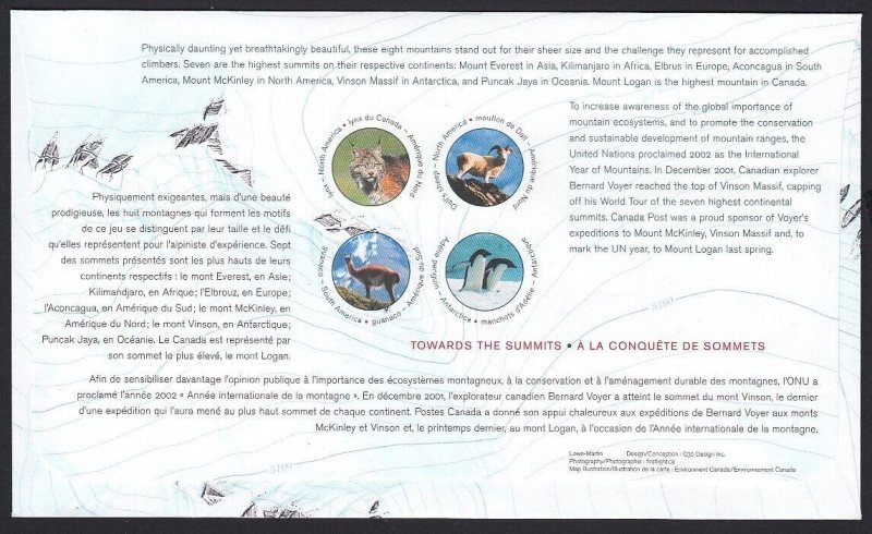 EVEREST, ELBRUS, KILIMANJARO.. = Full set 2 Official FDC Canada 2002 #1960 a-h