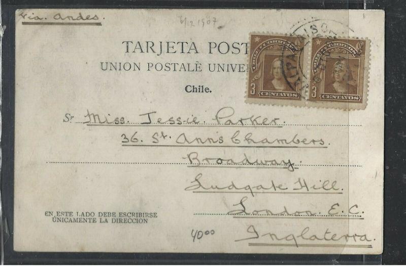 CHILE  (PP1104B)  1907  COLUMBUS 3C PR ON PPC TO ENGLAND