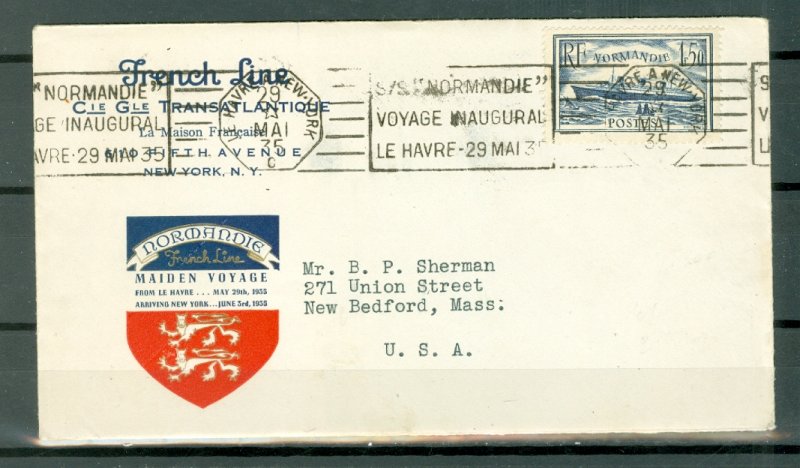 FRANCE NORMANDIE PAQUEBOAT 1935 MAIDEN VOYAGE. to NY.. COVER AND VIGNETTES