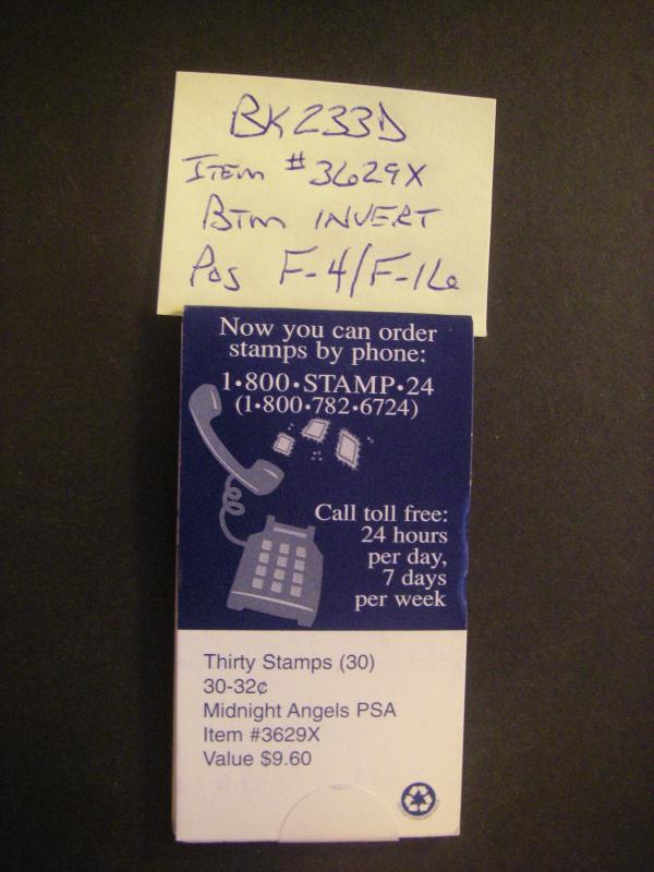 BK233D, Scott 3012d, 32c Angel, MDI Booklet 30, Pos F-4/F-16, btm inverted, $70