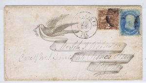 US 92 & 113 on ladies dove cover Springfield Ill postmark circa 1869