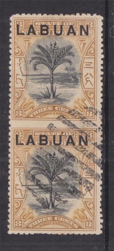 LABUAN, 1897 3c. Black & Ochre, PAIR IMPERF. BETWEEN VERTICALLY, Bars.