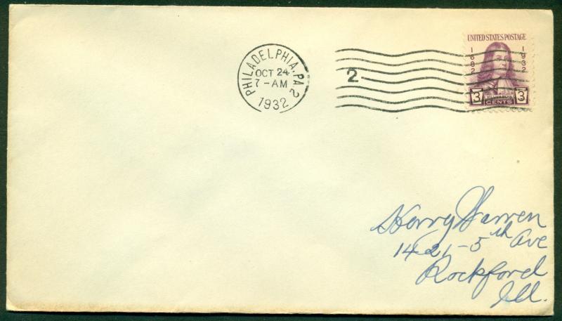 SCOTT # 724 FDC, NO CACHET, SCRIPT ADDRESS, PHILADELPHIA, PA, GREAT PRICE!