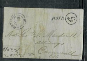 CANADA COVER (P0207B) 1852 STAMPLESS COVER 3D PAID MATILDA TO CORNWALL , CW 