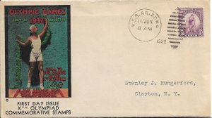 1932 USS Arizona BB-39, 1st Day Olympic 3c Stamp to Clayton, NY (N7818)