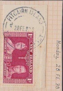 PITCAIRN 1938 NZ 1d Coronation on piece - NZ Postal Agency cds ............A1513