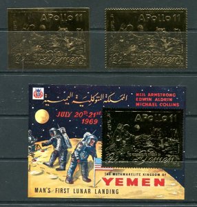 Yemen Gold foil Souvenir Sheet+ 2 stamps Imperf+Perf MNH Apollo 11 8374