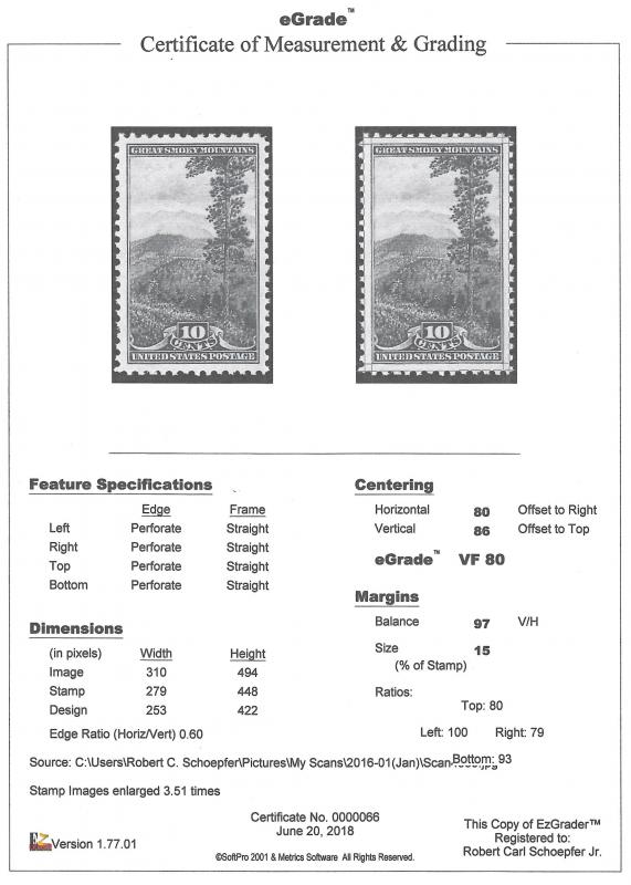 749 10 cents Smoky Mountains, Stamp mint OG NH EGRADED VF 80