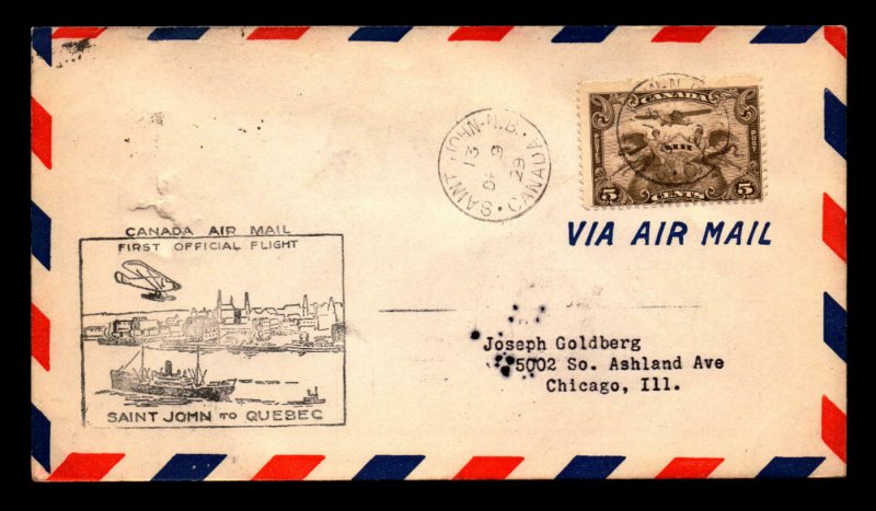 Canada 1929 FFC St John to Quebec City / Tearing Above Cachet - L7979