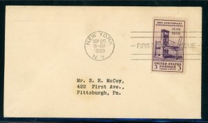 US Stamp #857 Printing in America 3c - FDC- New York, NY 1939 - CV $15.00