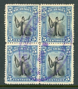 Nicaragua 1912 Liberty 5¢ Blue & Black Sc 299 Block of 4  VFU Q321