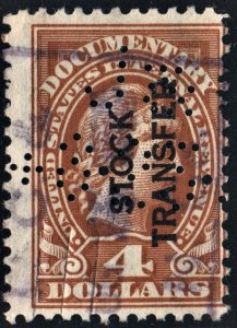 RD15 $4.00 Stock Transfer Stamp (1918) Perfin/Cut Cancelled