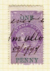 NEW ZEALAND; 1871 classic QV Stamp Duty issue used Shade 1d. P.10x12.5 Wmk. NZ