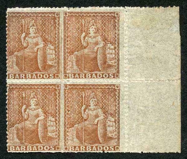 Barbados SG26 1861 (4d) dull brown-red rough perf 14 to 16 Superb Mint Block of